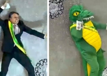Rosas de Ouro faz Bolsonaro tomar vacina e virar jacaré durante o desfile