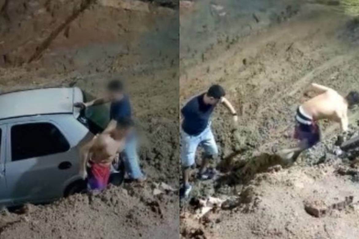 Motorista bêbado invade trecho em obras e cai com carro dentro cratera em Manaus