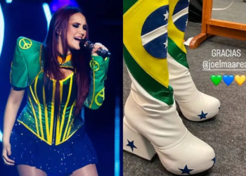 Dulce María usa botas presenteada por Joelma para encerrar turnê do RBD no Brasil