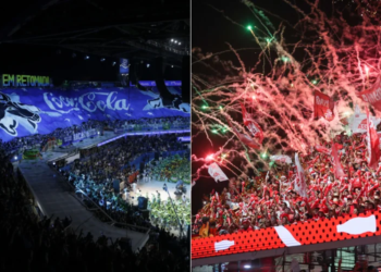 Festival de Parintins 2025: galera azul e branca e vermelha e branca foram um dos destaques das três noites de festival. : Alex Pazuello/Secom e Foto: Mauro Neto/Secom